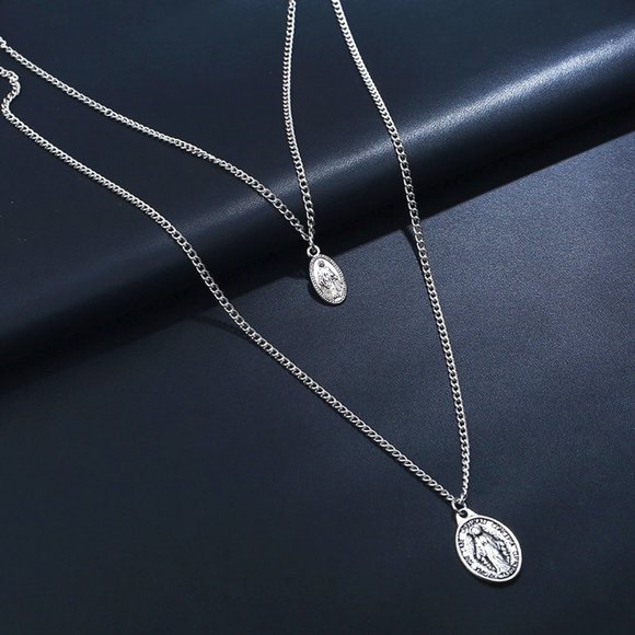Baroque Vintage Jewelry - Virgin Mary Multi-Layered Silver Necklace